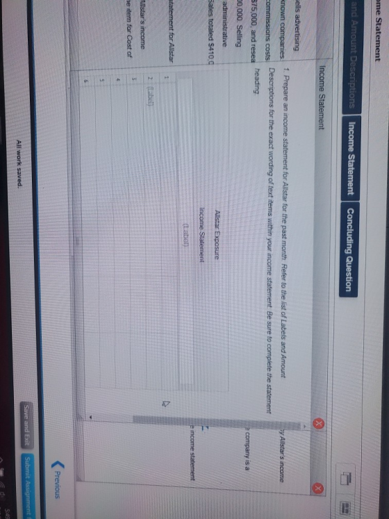 ome Statement and Amount Descriptions Concluding Question Income Statement ay Allstars income eils advertising known compani