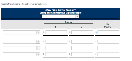 Prepare the selling and administrative expense budget. COOK FARM SUPPLY COMPANY Selling and Administrative Expense Budget Six
