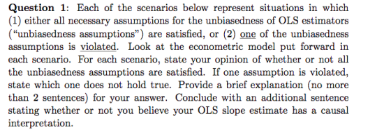 Question 1: Each of the scenarios below represent situations in which (1) either all necessary assumptions for the unbiasedne