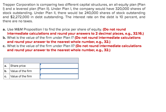 Trapper Corporation is comparing two different capital structures, an all-equity plan (Plan 1) and a levered plan (Plan II).