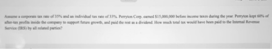 Assume a corporate tax rate of 35% and an individual tax rate of 33%. Perryton Corp. camned S15,000,000 before income taxes d