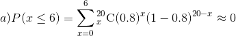 a)P(x \leq 6)=\sum_{x=0}^{6}_{x}^{20}\textrm{C}(0.8)^x(1-0.8)^{20-x}\approx 0
