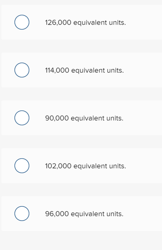 126,000 equivalent units. 114,000 equivalent units. 90,000 equivalent units. 102,000 equivalent units. 96,000 equivalent unit