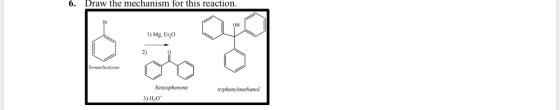 Draw the mechanism for this reaction. 1) Mg, Et20 2) bromobenzene triphenylmethanol benzophenone 3) H2O