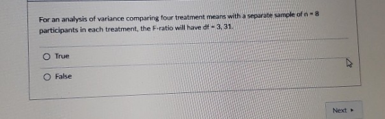 For an analysis of variance comparing four treatment means with a separate sample of a participants in each treatment, the F-