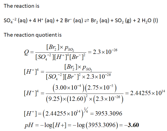 The reaction is 5042 aq) + 4 H+ (aq) + 2 Br- (aq) = Brą (aq) + SO2 (g) + 2 H20 (1) The reaction quotient is = 2.3x10-26 [Br]]