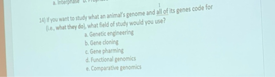 a. Interphase U. Po 14) If you want to study what an animals genome and all of its genes code for (i.e., what they do), what