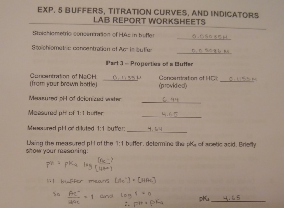 EXP. 5 BUFFERS, TITRATION CURVES, AND INDICATORS LAB REPORT WORKSHEETS Stoichiometric concentration of HAc in buffer 0.0 5085