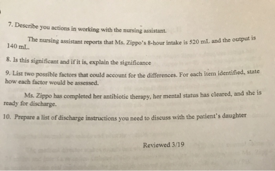 7. Describe you actions in working with the nursing assistant. The nursing assistant reports that Ms. Zippos 8-hour intake i