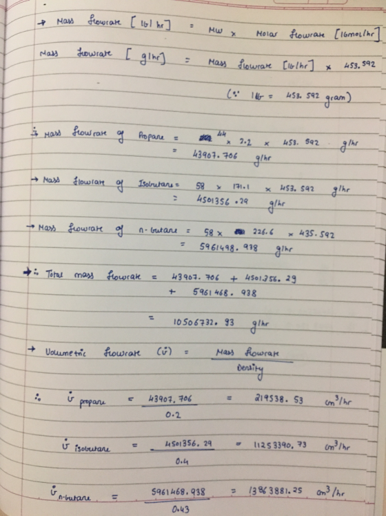 & Mass flowrate [ 16l he ] = MW x Molas flowrate [Ismailho Mass lowrate [ ginr ] = mass Lowrate [Io/hr] x 453, 592_ ( 106 = 4