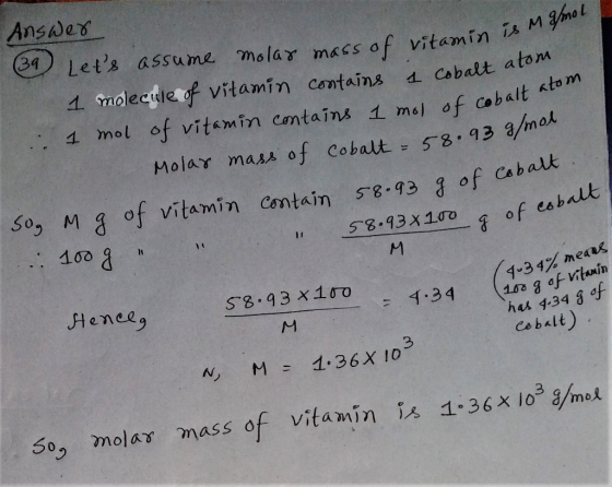 is M g/mol Vitamin NA atom Answer (39) Lets assume molar mass of vitamin 1 molecule of vitamin contains 1 Cobalt at 1 mol of