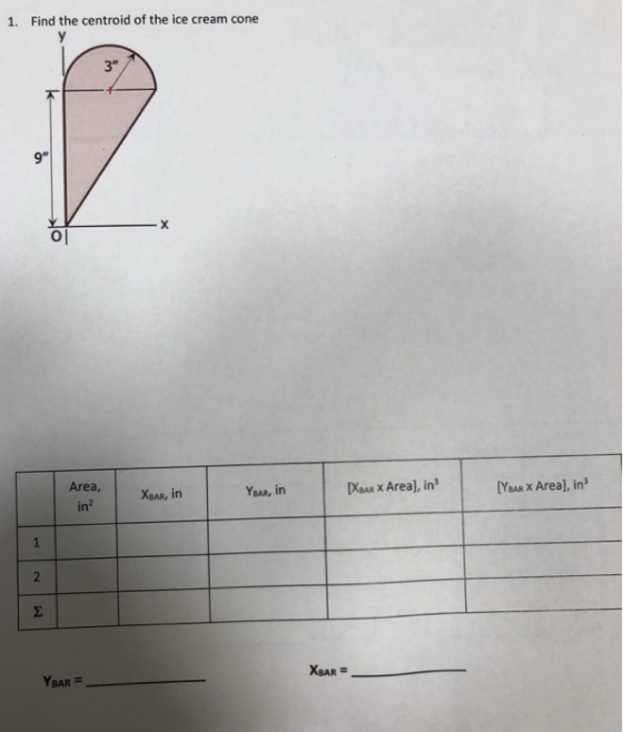 Find the centroid of the ice cream cone 1. 3 9 이 Area, XBAR in2 x Area], in YBAR x Area], in3 YBAR, in BAR = YBAR-