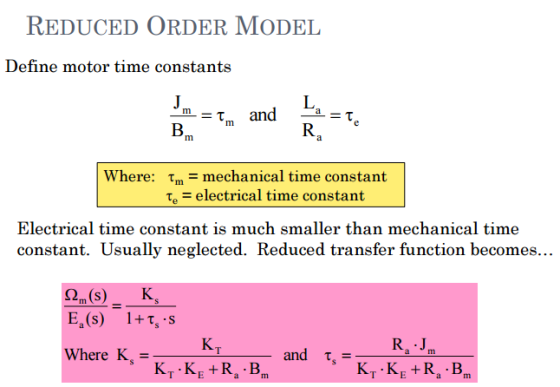 REDUCED ORDER MODEL Define motor time constants Where: τm-mechanical time constant いelectrical time constant. Electrical time
