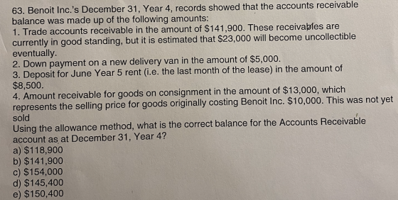 63. Benoit Inc.s December 31, Year 4, records showed that the accounts receivable balance was made up of the following amoun