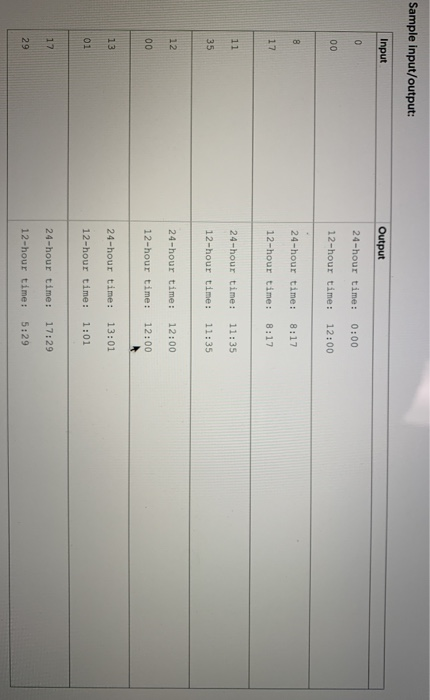 Sample input/output: Input Output 24-hour time: 0:00 12-hour time: 12:00 24-hour time: 8:17 12-hour time: 8:17 24-hour time: