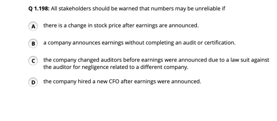 Q 1.198: All stakeholders should be warned that numbers may be unreliable if A there is a change in stock price after earning