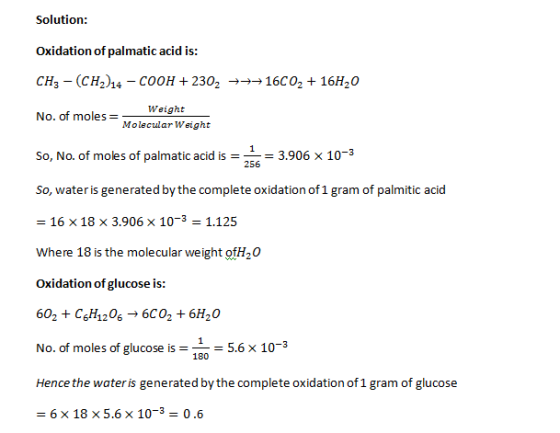 Solution: Oxidation of palmatic acid is: CH3 - (CH24 -COOH +230216C0 16H20 Weight No. of moles MolecularWeight so, No. of mol