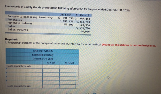 The records of Earthly Goods provided the following information for the year ended December 31, 2020. At Cost At Retail Janua