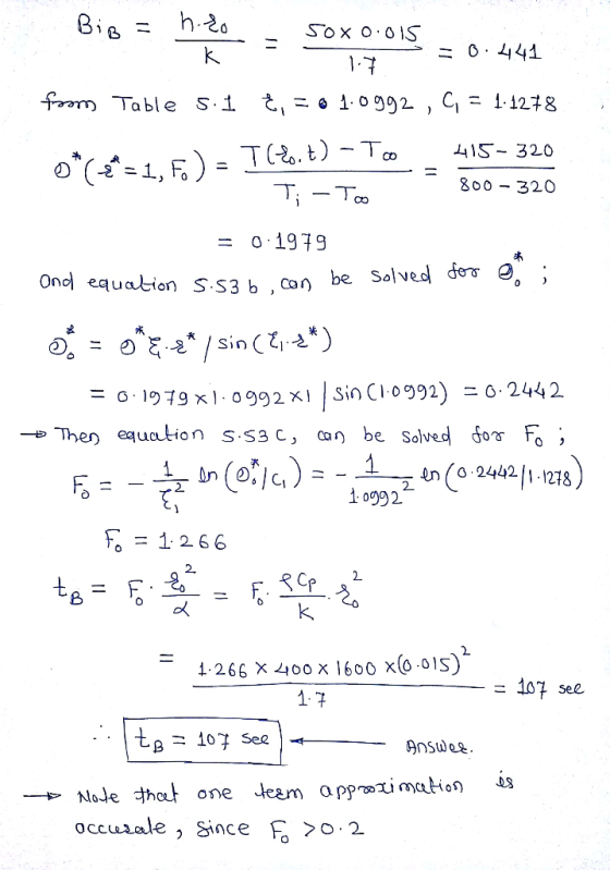 Big = hizo - sox0.015 = 0.441 from Table 5.1 ¿, = 0 1.0992 , 4 = 1.1278 0*=1. F) = T (2. t) - Too 415- 320 Ti - Too 800-320 =