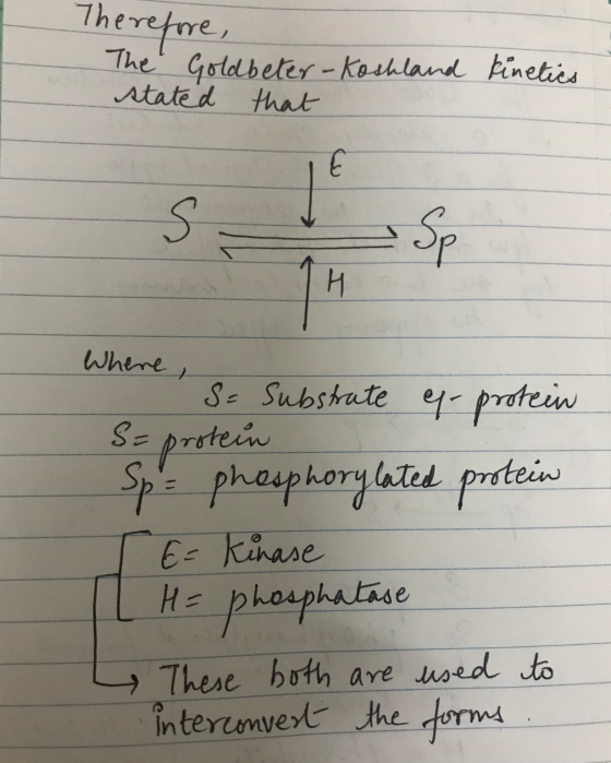 Therefore, The Goldbeter - Koshland stated that kinetics Where S- Substrate ex-protein S= protein Sp- phosphorylated protein