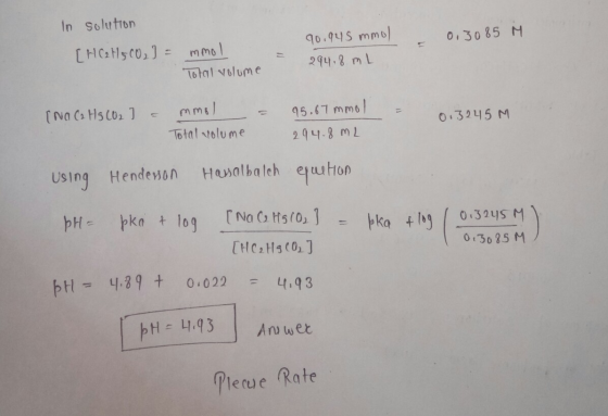 90.945 mmol = 0.3085 M In Solution [HC2H5 CO2] = mmol Total volume 294.8 mL [No C2 HS (O2 ) = 95.67 mmol 0.3245M mmol Total v