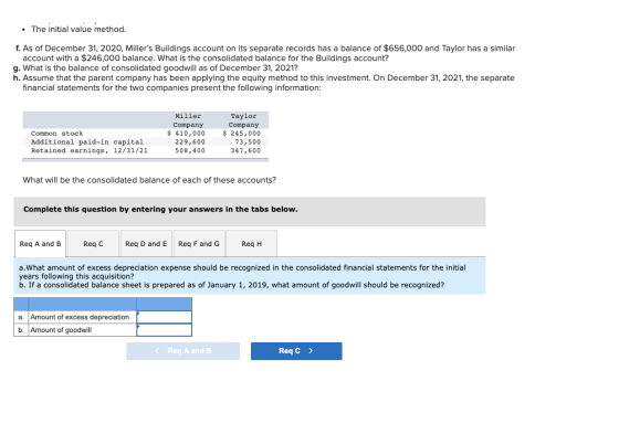 . The initial value method. f. As of December 31, 2020, Millers Buildings account on its separate records has a balance of $