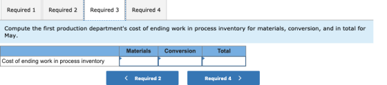Required 1 Required 2 Required 3 Required 4 Compute the first production departments cost of ending work in process inventor