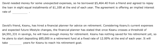 David needed money for some unexpected expenses, so he borrowed $5,464.40 from a friend and agreed to repay the loan in eight equal installments of $1,100 at the end of each year. The agreement is offering an implied interest rate of Davids friend, Keanu, has hired a financial planner for advice on retirement. Considering Keanus current expenses and expected future lifestyle changes, the financial planner has stated that once Keanu crosses a threshold of $4,991,331 in savings, he will have enough money for retirement. Keanu has nothing saved for his retirement yet, so he plans to start depositing $85,000 in a retirement fund at a fixed rate of 12.00% at the end of each year. It will take years for Keanu to reach his retirement goal