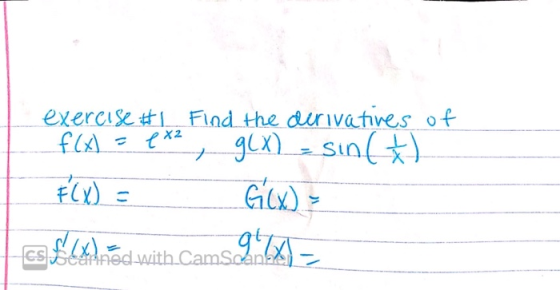 exercise #1 Find the derivatives of f(x) g(x) = sin(t) exz FLX) = G(X) = cs fbxned with Camsex