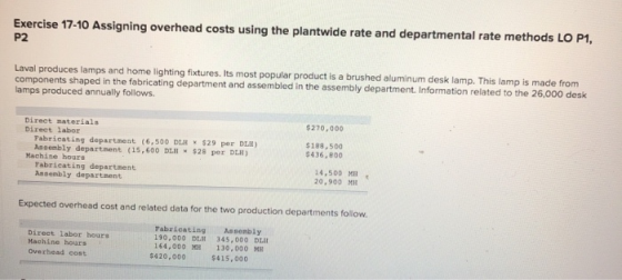 Exercise 17-10 Assigning overhead costs using the plantwide rate and departmental rate methods LO P1, P2 Laval produces lamps