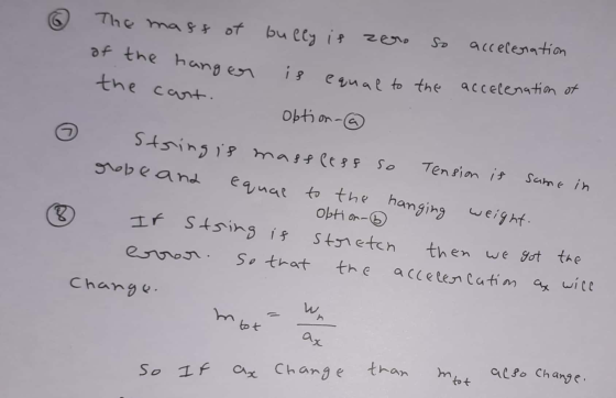 Equal to the hanging The maff of bully is zero So acceleration of the hanger the cart. is equal to the accelenation of Option