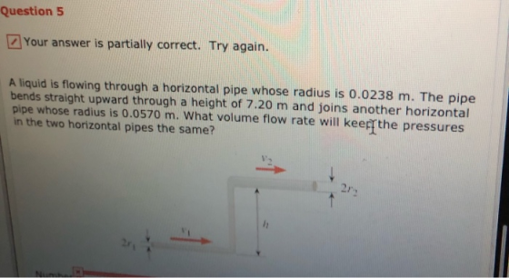 Question 5 Your answer is partially correct. Try again. A liquid is flowing through a horizontal pipe whose radius is 0.0238