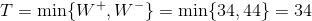 T = min{W+,w-} = min{34, 44} = 34