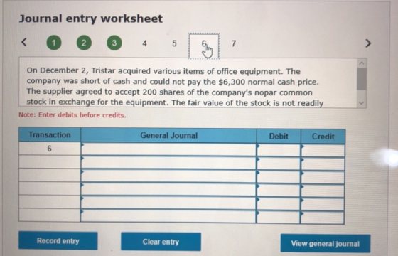 Journal entry worksheet 3 2 4 5 On December 2, Tristar acquired various items of office equipment. The company was short of c
