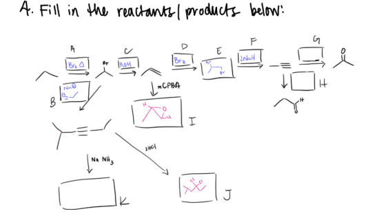 A. Fill in the reactants / products below: F G A E |2Nah BY Brz Brza IROH = Na MCPBA B LmCPB TA 2 HCl Na NH3 Ixta J