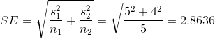 SE =\sqrt{\frac{s_1^2}{n_1} + \frac{s_2^2}{n_2}} = \sqrt{\frac{5^2 + 4^2}{5}} = 2.8636