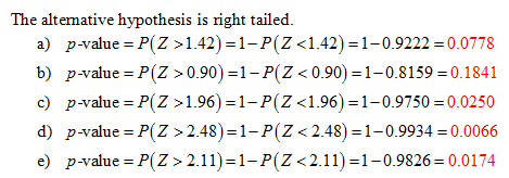 The altemative hypothesis is right tailed. a) p-value P(Z > 1.42)-1-P(Z <1.42)-1-0.9222-0.0778 b) p-value=P(Z > 0.90)-1-P(Z<