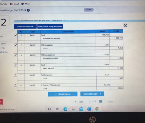 YouTube M Gmail Maps Saved eneral Ledger Ch 2 20544 2 View transaction list View journal entry worksheet No Date Account Titl