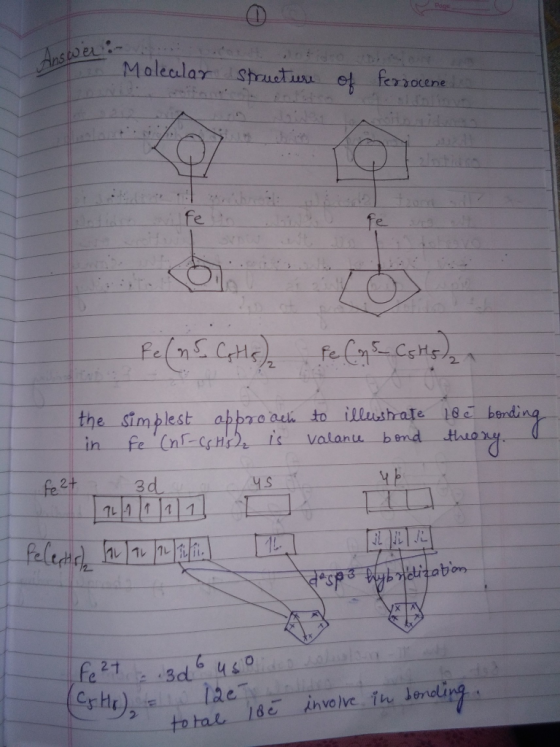 Answer:- Molealar structure of ferrocene - FelnS CHs) e Cy_ CsHs) the in simplest approach to illustrate Fe (nt-Cs Hsz is val