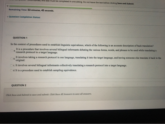 Stafted, this test must be completed in one sitting. Do not leave the test before clicking Save and Submit Remaining Time: 53