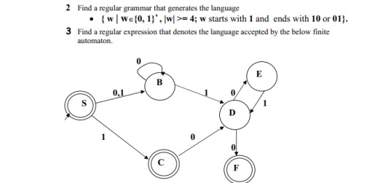 2 Find a regular grammar that generates the language • {w | We{0,1}* , [w] >= 4; w starts with 1 and ends with 10 or 01). 3 F