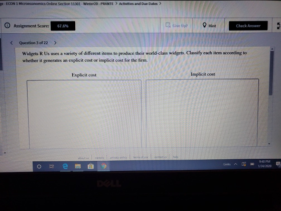 ge - ECON 1 Microeconomics Online Section 11301 - Winter20 - PRANTE > Activities and Due Dates > Give Up? O Hint O Assignment