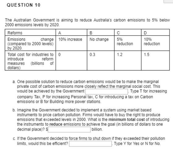 QUESTION 10 The Australian Government is aiming to reduce Australias carbon emissions to 5% below 2000 emissions levels by 2020 Reforms change | 10% increase | No change | 596 10% reduction Emissions (compared to 2000 levels) by 2020 Total cost for industries to 0 introduce measures (billions of dollars) reduction 0.3 1.2 1.5 reform a. One possible solution to reduce carbon emissions would be to make the marginal private cost of carbon emissions more closely reflect the marginal social cost. This would be achieved by the Government company Tax, P for increasing Personal tax, C for introducing a tax on Carborn emissions or B for Building more power stations lypeT for increasing b. Imagine the Government decided to implement a system using market based instruments to price carbon pollution. Firms would have to buy the right to produce emissions that exceeded levels in 2000. What is the minimum total cost of introducing the instruments to reduce emissions to achieve the goal (in billions of dollars to one decimal place)? billion C. If the Government decided to force firms to shut down if they exceeded their pollution limits, would this be efficient? Type Y for Yes or N for No