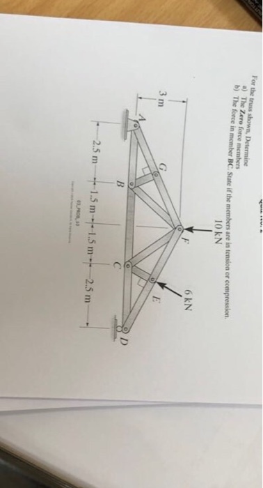 For the truss shown, Determine b) The force in member BC. State if the members are in tension or compression 10 kN 6 kN 3 2.5m 1-1,5 m 1.5 m..-2.5 m |