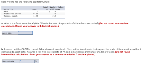 Nero Violins has the following capital structure: Security Debt Preferred stock Common stock Beta 0 0.34 1.34 Total Market Va