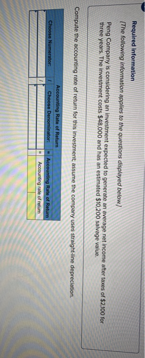 Required information (The following information applies to the questions displayed below.) Peng Company is considering an inv