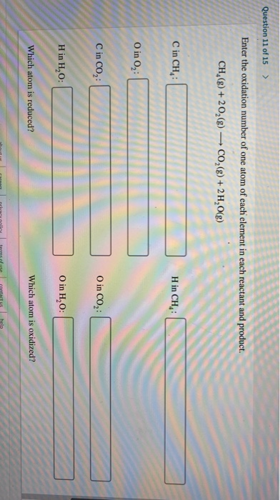 Question 11 of 15 > Enter the oxidation number of one atom of each element in each reactant and product CH,(g) +20,(g) — CO2(