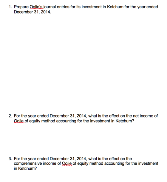 1. Prepare Qolies journal entries for its investment in Ketchum for the year ended December 31, 2014. 2. For the year ended