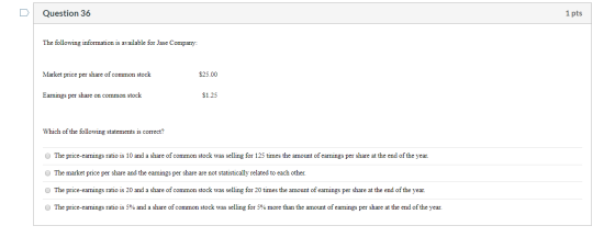 Question 36 1 pts The following information is available for Jase Company: Market price per share of common stock $25.00 Earn