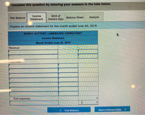 Complete this question by entering your answers in the tabs below. Trial Balance Income Statement Stmt of Owners Eqty Balance